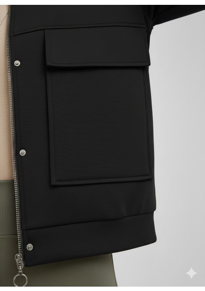 Siyah Dik Yaka Fermuarlı Çıtçıtlı Kapaklı Cepli Kısa Kadın Modal Bomber Ceket indirimleri