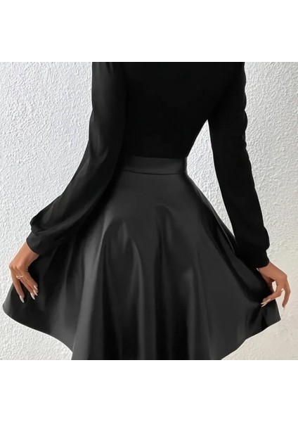 Ozgn Kadın Uzun Kollu Kare Yaka Üst Viskon Alt Deri Mini Elbise modelleri