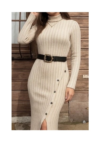 Ozgn Kadın Uzun Kollu Balıkçı Yaka Yırtmaçlı Düğmeli Şardonlu Kaşkorse Elbise fiyatları