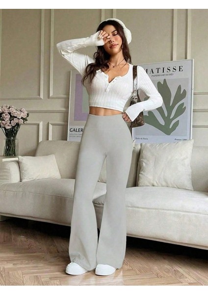 Ozgn Kadın Yüksek Bel Ispanyol Paçalı Pantolon Tayt