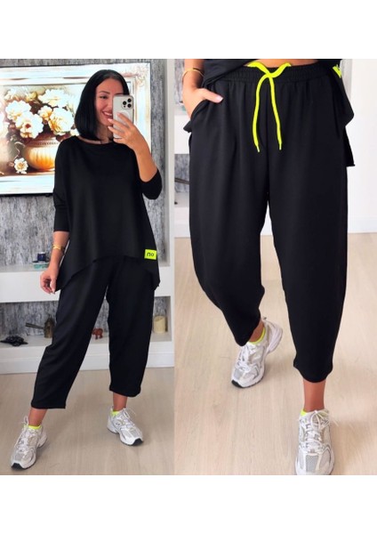 Ozgn Kadın Iki Iplik Viskon Pamuk Kumaş Arma Detaylı Ikili Takım