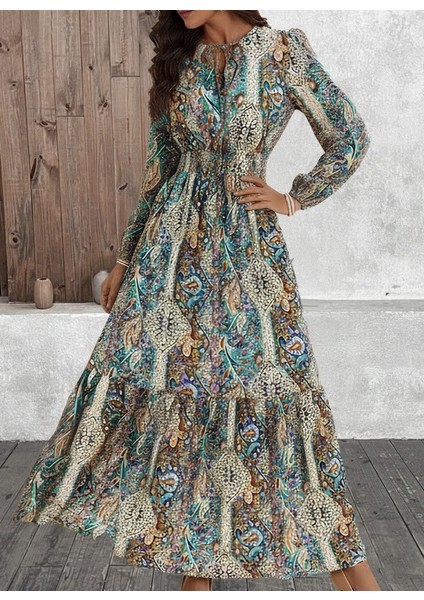 Ozgn Kadın Uzun Kollu Uakadabağcıklı Beli Lastikli Desenli Uzun Süprem Elbise