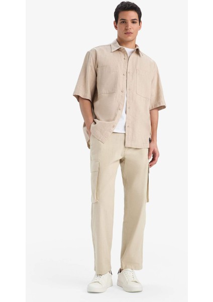 %100 Pamuk Wide Leg Bol Rahat Kesim Kargo Cepli Keten Görünümlü Yazlık Pantolon B9407AX25SP