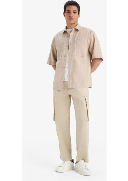 %100 Pamuk Wide Leg Bol Rahat Kesim Kargo Cepli Keten Görünümlü Yazlık Pantolon B9407AX25SP