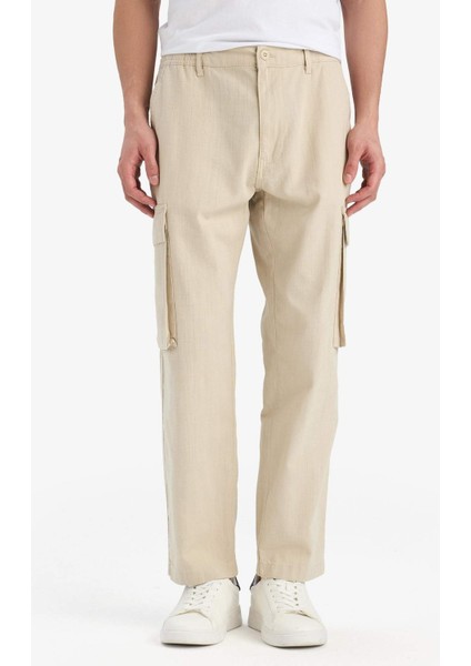 %100 Pamuk Wide Leg Bol Rahat Kesim Kargo Cepli Keten Görünümlü Yazlık Pantolon B9407AX25SP