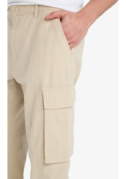 %100 Pamuk Wide Leg Bol Rahat Kesim Kargo Cepli Keten Görünümlü Yazlık Pantolon B9407AX25SP