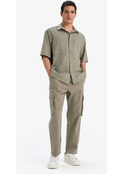 %100 Pamuk Wide Leg Bol Rahat Kesim Kargo Cepli Keten Görünümlü Yazlık Pantolon B9407AX25SP