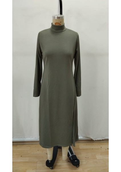 Ozgn Kadın Uzun Kollu Balıkçı Yaka Derin Yırtmaç Detay Krep Elbise indirimleri