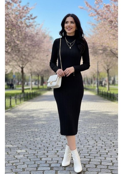 Ozgn Kadın Uzun Kollu Balıkçı Yaka Triko Elbise