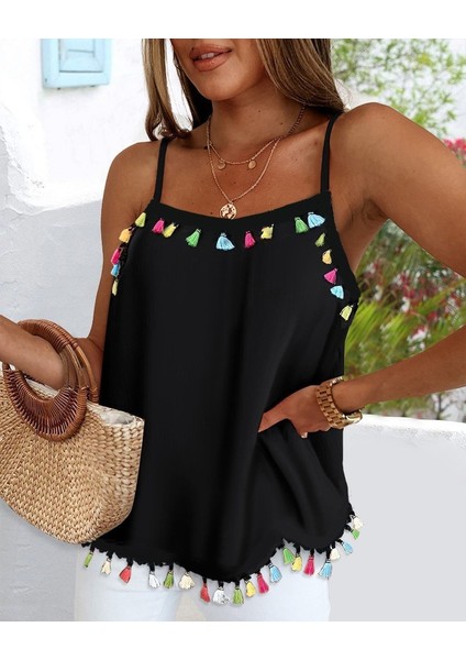 Ozgn Kadın Ip Askılı Püskül Detaylı Sandy Bluz