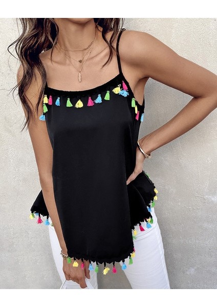 Ozgn Kadın Ip Askılı Püskül Detaylı Sandy Bluz