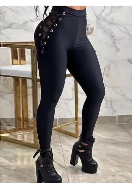 Ozgn Kadın Yüksek Bel Çapraz Bağcıklı Tül Detaylı Dalgıç Tayt fiyatları