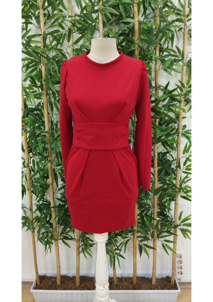 Ozgn Kadın Uzun Kollu Bisiklet Yaka Bel Kemer Detay Ithal Krep Elbise