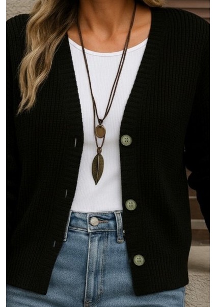 Ozgn Kadın Uzun Kollu Düğme Detay Triko Hırka