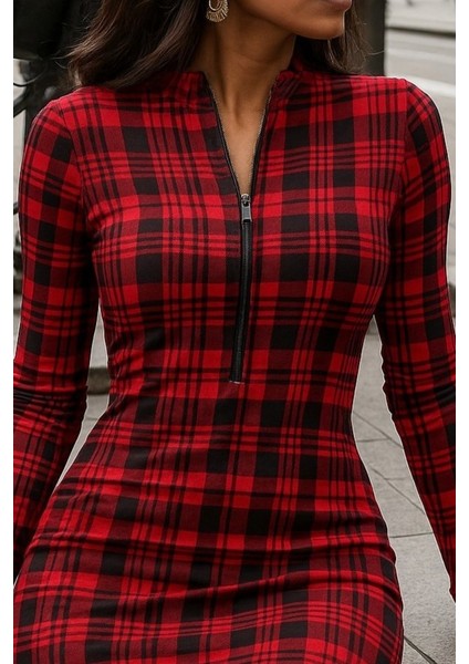 Ozgn Kadın Uzun Kollu Fermuarlı Ekose Baskılı Dalgıç Elbise fiyatları