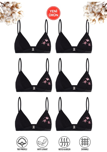 Özkan 0872 6'lı Paket Kız Çocuk Pamuklu Pedsiz Kapsız Kalp Desenli Alıştırma Sütyeni Büstiyer Likralı Rahat Süprem Ince Askılı Yarım Atlet