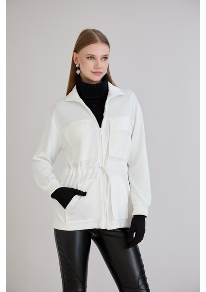 Fermuarlı Dik Yaka Cep Detay Belden Ayarlamalı Sweatshirt Ekru