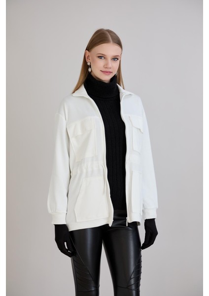 Fermuarlı Dik Yaka Cep Detay Belden Ayarlamalı Sweatshirt Ekru modelleri