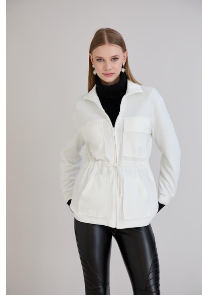 Fermuarlı Dik Yaka Cep Detay Belden Ayarlamalı Sweatshirt Ekru fırsatları