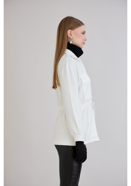 Fermuarlı Dik Yaka Cep Detay Belden Ayarlamalı Sweatshirt Ekru