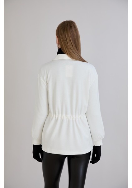 Fermuarlı Dik Yaka Cep Detay Belden Ayarlamalı Sweatshirt Ekru
