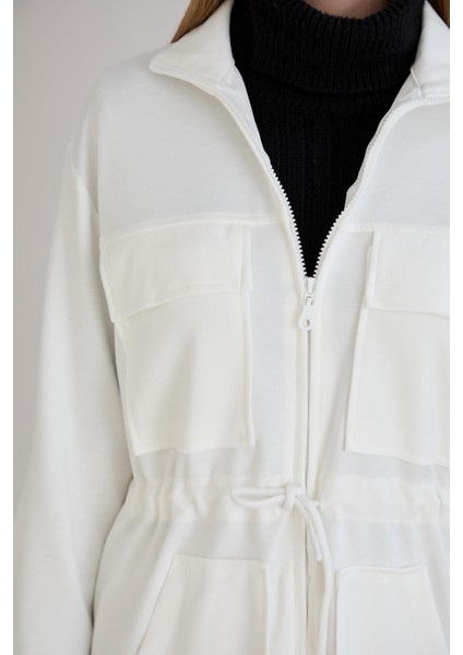 Fermuarlı Dik Yaka Cep Detay Belden Ayarlamalı Sweatshirt Ekru