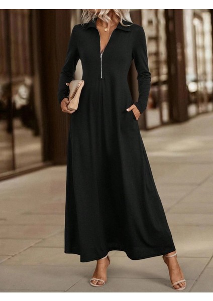 Ozgn Kadın Uzun Kollu Yakalı Önden Fermuarlı Uzun Viskon Iki Iplik Elbise fiyatları