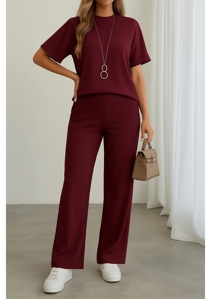 Ozgn Kadın Kısa Kollu Bisiklet Yaka Omuzdan Düğmeli Viskon Iki Iplik Kısa Bluz ve Pantolon Ikili Takım