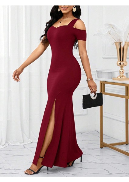 Ozgn Kadın Omuzlardan Açık Askılı Yırtmaç Detaylı Uzun Ithal Krep Elbise fırsatları