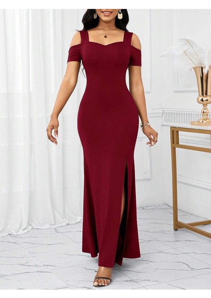 Ozgn Kadın Omuzlardan Açık Askılı Yırtmaç Detaylı Uzun Ithal Krep Elbise