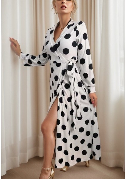 Ozgn Kadın Uzun Kollu Kruvaze Yaka Yandan Bağlamalı Krep Tam Boy Elbise