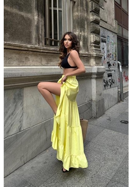 Ozgn Audrey Fıfrlı Yırtmaç Detay Etek 4037