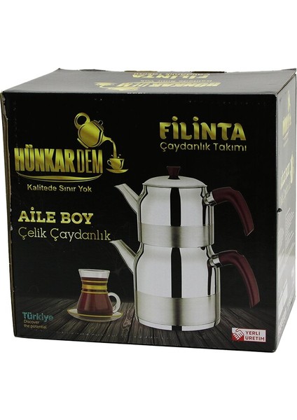 Filinta Aile Boy Çelik Çaydanlık Seti Çift Kapaklı Renkli Bakalit Kulp Üst Demlik: 1.5lt - Alt Suluk: 3lt Kendinden Süzgeçli (5131)