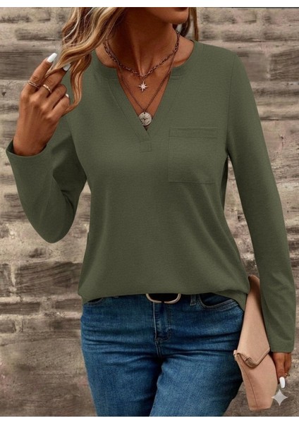 Ozgn Kadın Uzun Kollu Cepli V Yakalı Viskon Iki Iplik Bluz fiyatları
