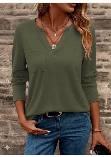Ozgn Kadın Uzun Kollu Cepli V Yakalı Viskon Iki Iplik Bluz modelleri