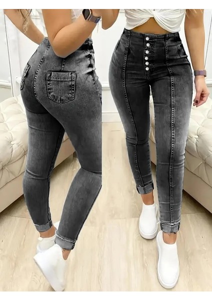 Ozgn Kadın Yüksek Bel Önden Düğmeli Jean Pantolon