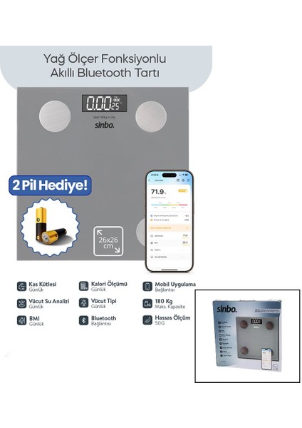 Gri Yağ Ölçer Akıllı Bluetooth Cam Baskül Pilli 180KG/50GR 26X26CM 8-Kişi Hafıza LCD Ekran ℃ Gösterge SBS-4473 (5131)