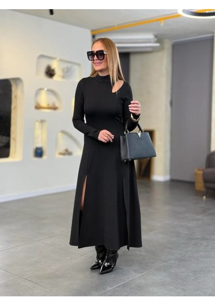 Ozgn Kadın Balıkçı Yaka Damla Detaylı Yırtmaçlı Uzun Viskon Iki Iplik Maxi Elbise fiyatları