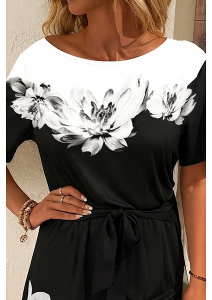 Ozgn Kadın Tek Omuzu Açık Çiçek Desenli Beli Kuşaklı Iki Iplik Mini Short Tulum fiyatları