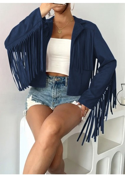 Ozgn Kadın Uzun Kollu Yakalı Kısa Püsküllü Süet Ceket