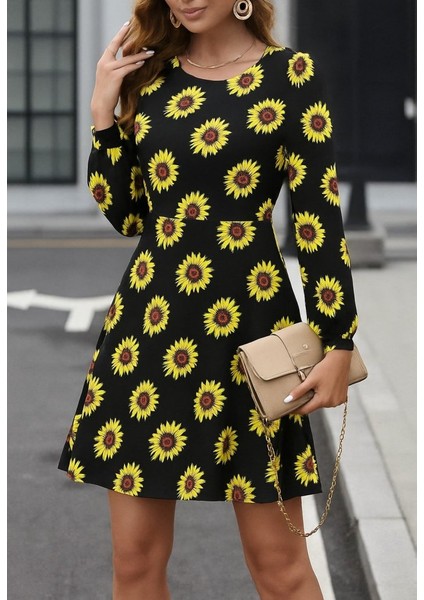 Ozgn Kadın Uzun Kollu Bisiklet Yaka Desenli Kısa Krep Elbise