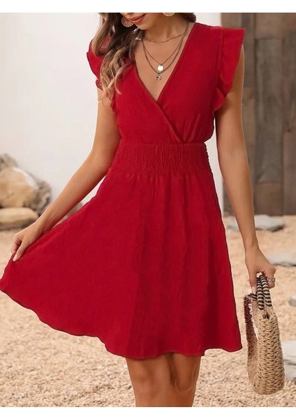 Ozgn Kadın Kısa Kollu Kruvaze Yakalı Beli Lastikli Aerobin Elbise