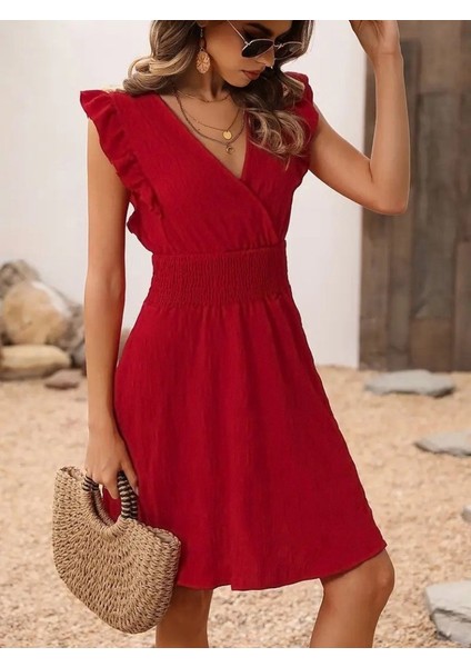 Ozgn Kadın Kısa Kollu Kruvaze Yakalı Beli Lastikli Aerobin Elbise modelleri