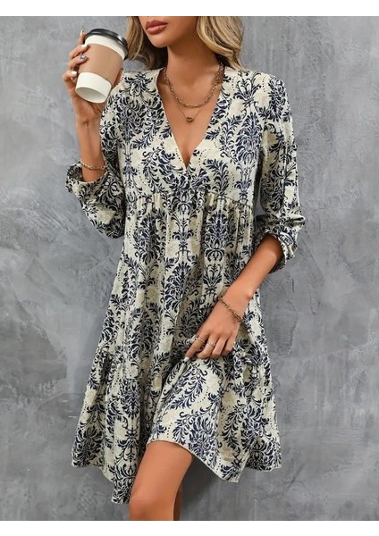 Ozgn Kadın Uzun Kollu V Yakalı Fırfırlı Mini Süprem Elbise indirimleri