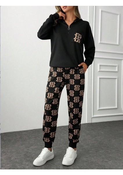 Ozgn Kadın Uzun Kollu Iki Iplik Kumaş Fermuar ve Cep Detay Kapüşonlu Ikili Takım fiyatları