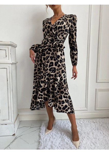 Ozgn Kadın Uzun Kollu Kruvaze Yakalı Belden Kuşaklı Leopar modelleri