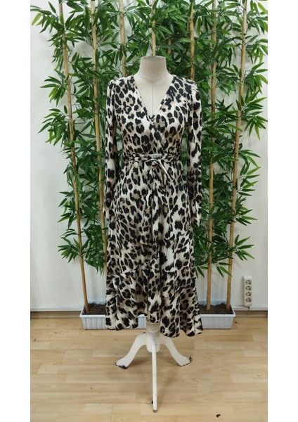 Ozgn Kadın Uzun Kollu Kruvaze Yakalı Belden Kuşaklı Leopar