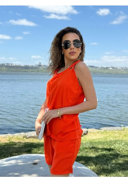 Ozgn Kadın Kolsuz V Yaka Kuş Gözü Detay Bluz Short Aerobin Ikili Takım modelleri