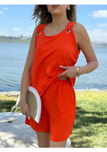 Ozgn Kadın Kolsuz V Yaka Kuş Gözü Detay Bluz Short Aerobin Ikili Takım indirimleri