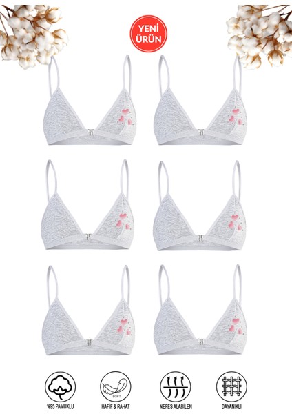 Özkan 0872 6'lı Paket Kız Çocuk Pamuklu Pedsiz Kapsız Kalp Desenli Alıştırma Sütyeni Büstiyer Likralı Rahat Süprem Ince Askılı Yarım Atlet